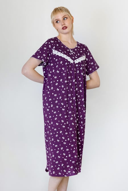 Purple Butterfly Printed S/S Nightwear With Lacetrims