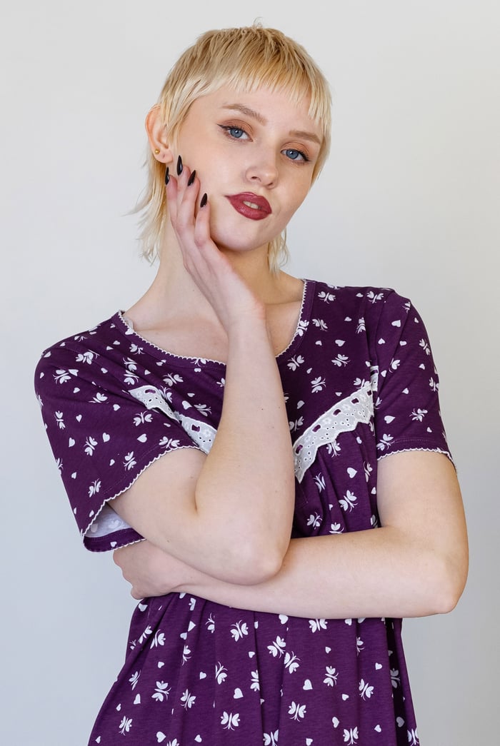 Butterfly Printed S/S Nightwear With Lacetrims