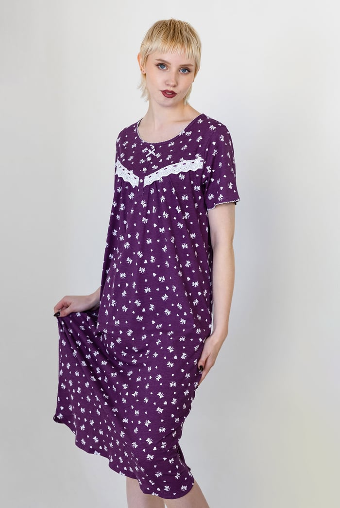 Butterfly Printed S/S Nightwear With Lacetrims