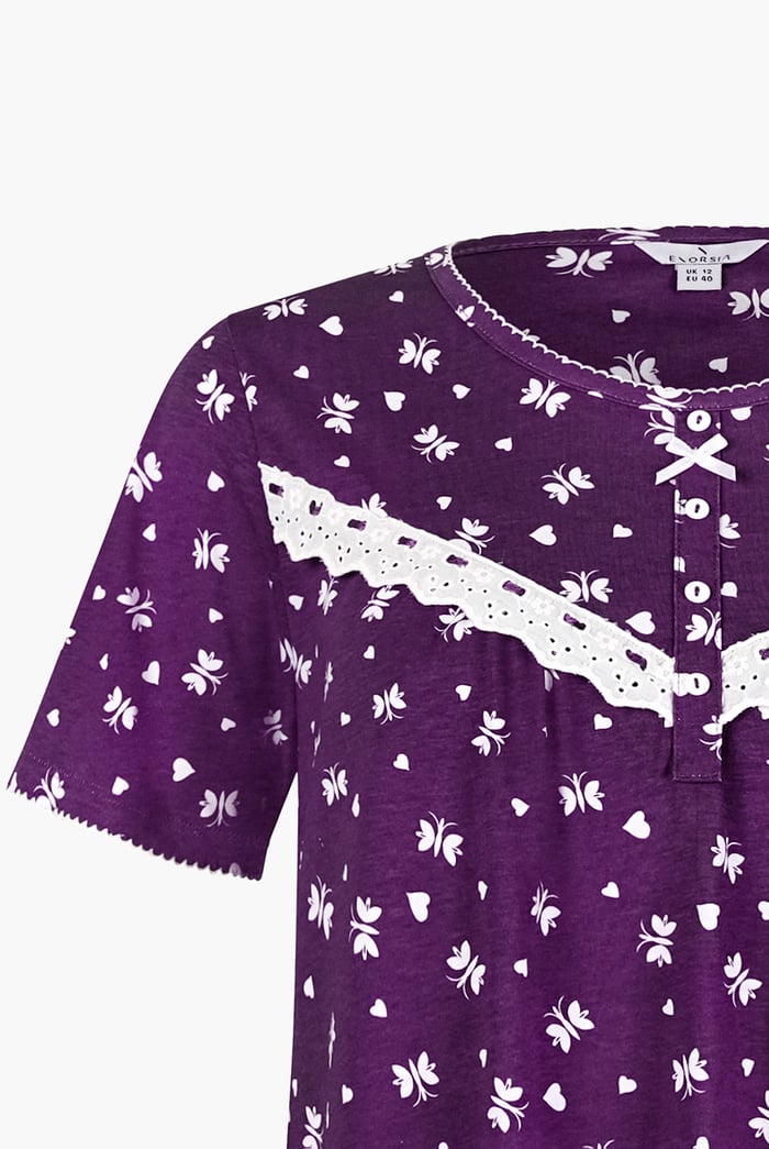 Butterfly Printed S/S Nightwear With Lacetrims