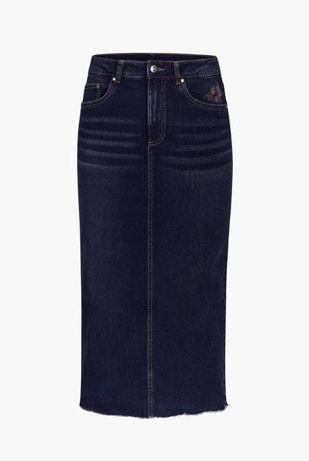 Navy Denim Midi Skirt With Embroidery Details