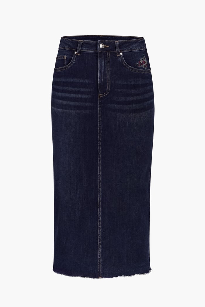 Denim Midi Skirt With Embroidery Details