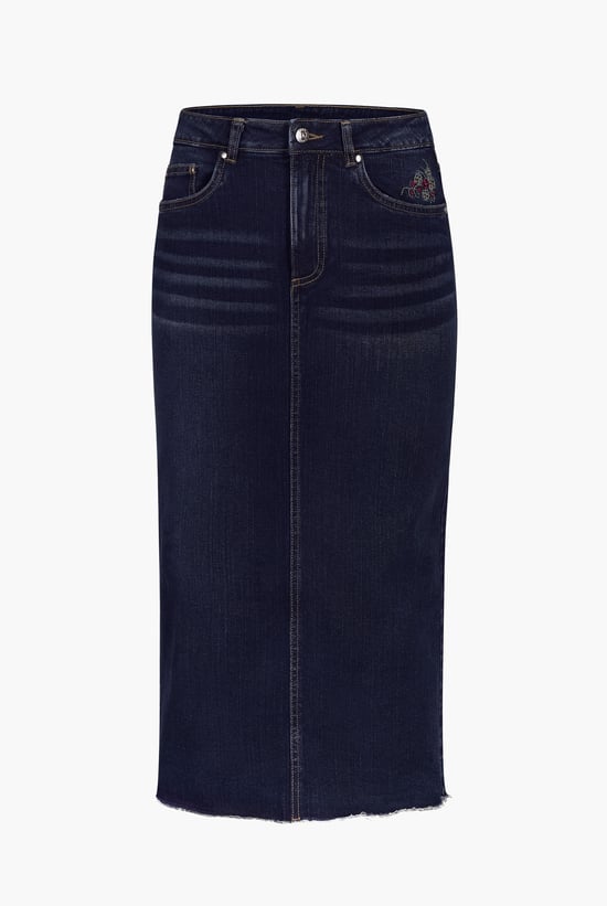 Denim Midi Skirt With Embroidery Details
