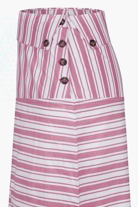 Pink Striped Asymmetric Hem Midi Skirt