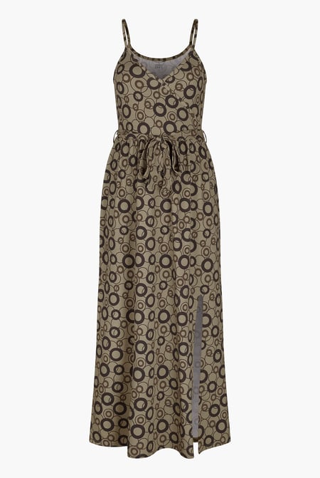 Brown Geo Printed Jersey Wrap Front Maxi Dress
