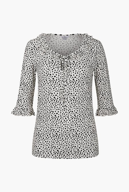Women's Cream Polka Dot  Prints  Frill Neck Jersey Blouse