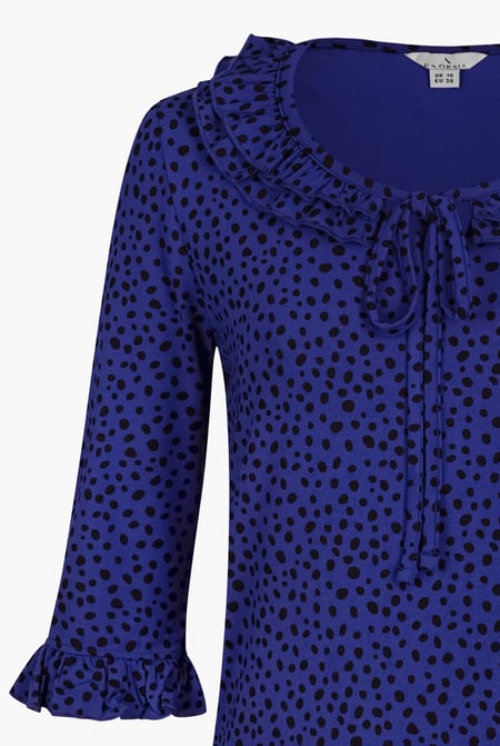 Women's Blue Polka Dot  Prints  Frill Neck Jersey Blouse