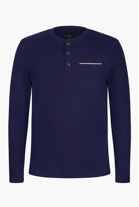 Navy Textured Jersey Long Sleeve Henley T-Shirt