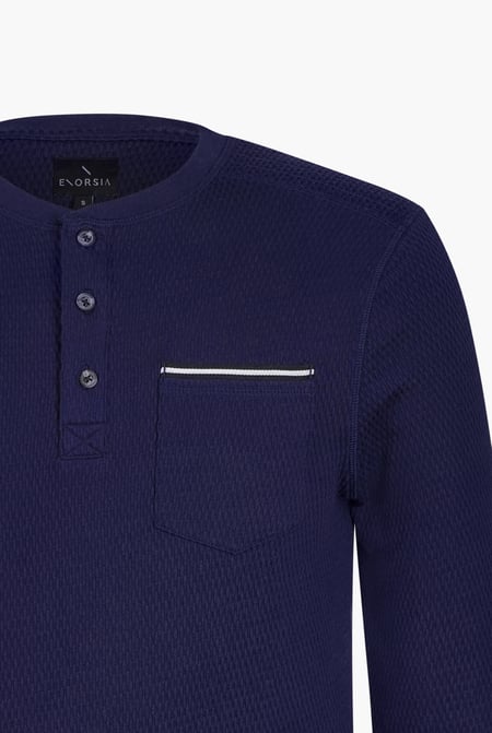 Navy Textured Jersey Long Sleeve Henley T-Shirt