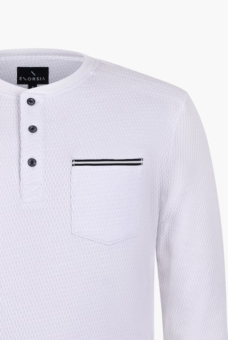 White Textured Jersey Long Sleeve Henley T-Shirt