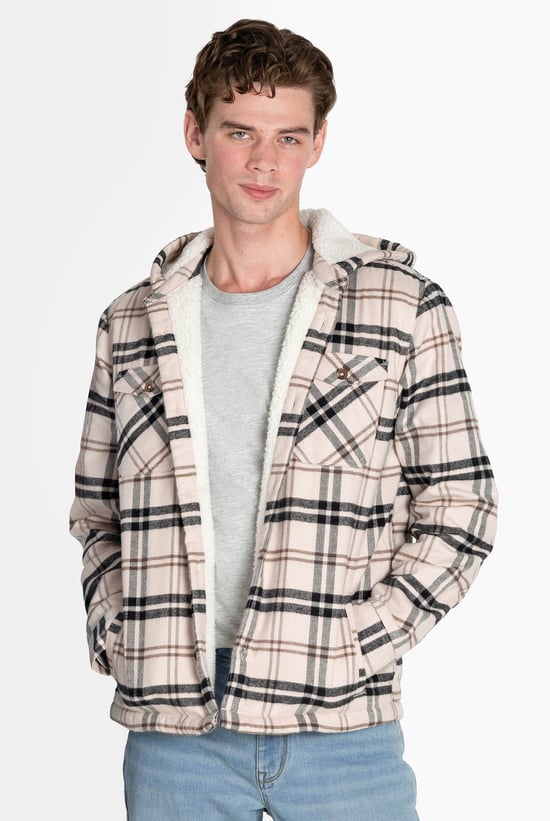 Ecru Check Hooded Borg Lined Shacket