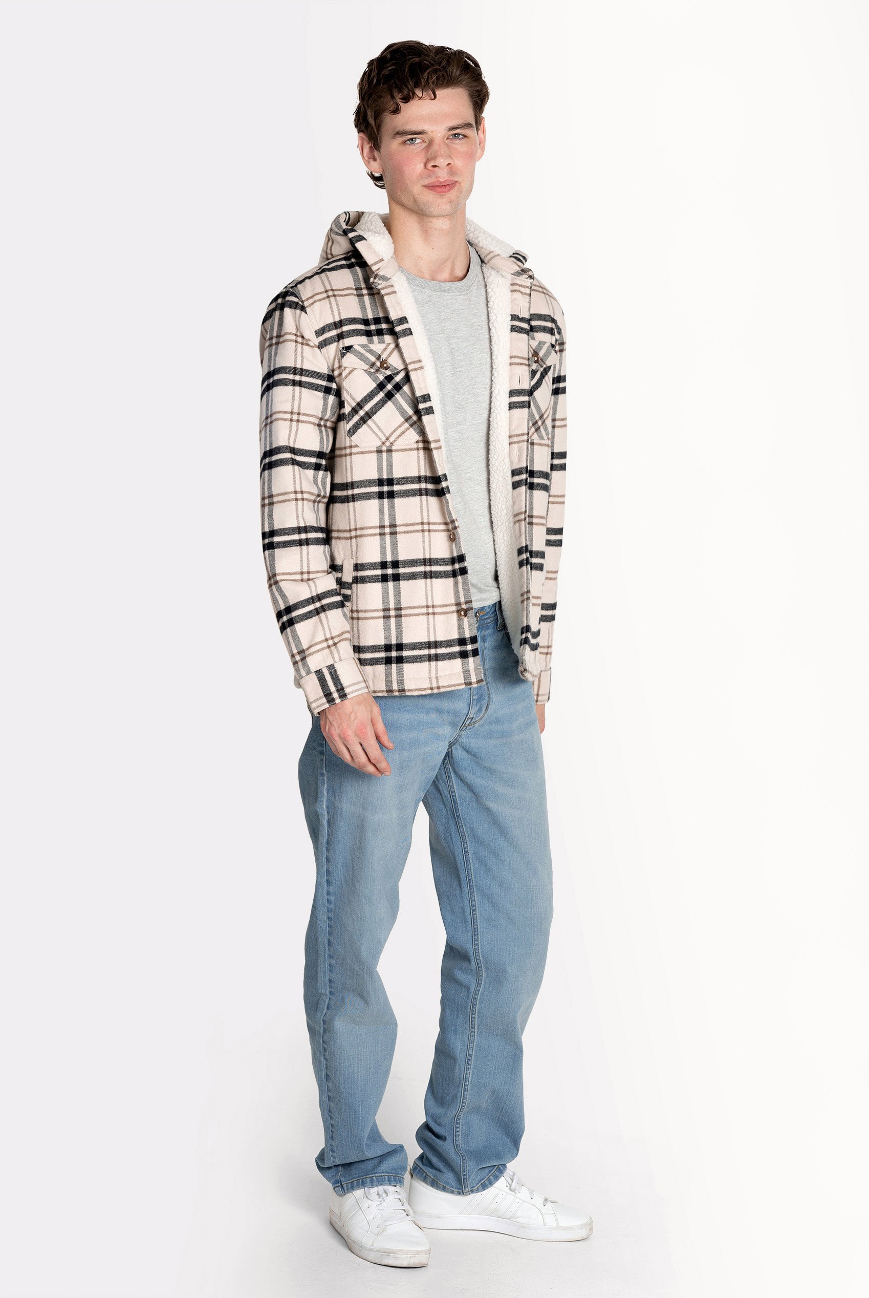 Ecru Check Hooded Borg Lined Shacket
