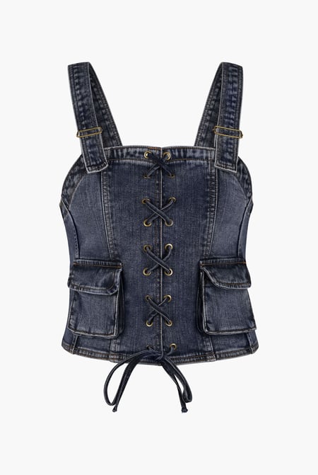 Navy Lace-Up Front Fitted Denim Crop Vest