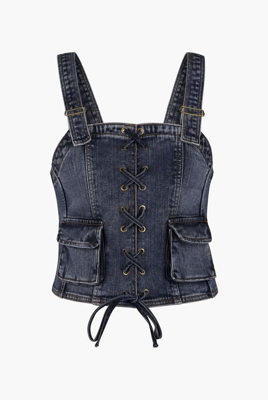 Lace-Up Front Fitted Denim Crop Vest