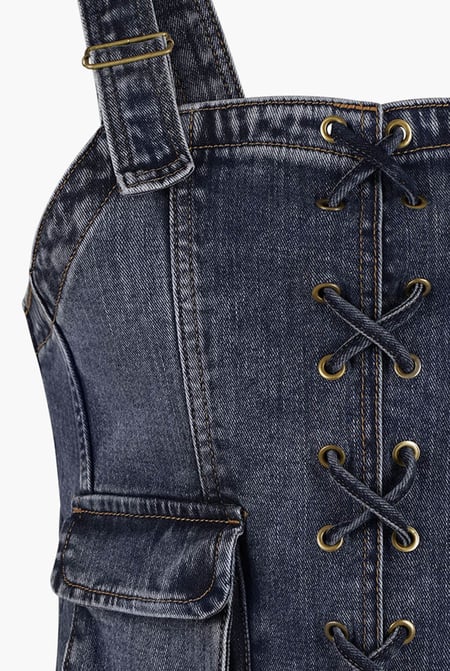 Navy Lace-Up Front Fitted Denim Crop Vest