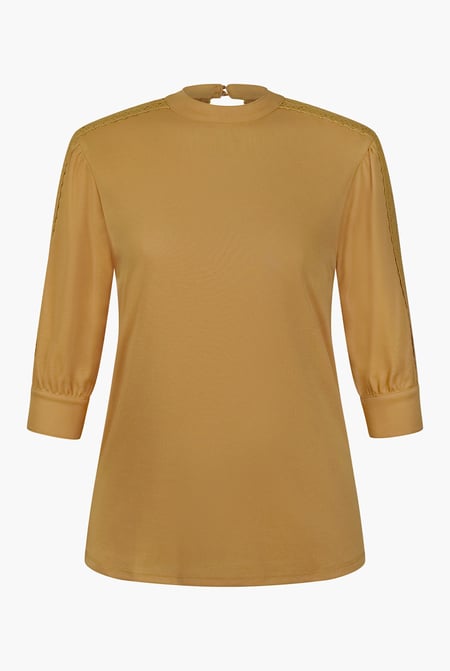 Women's Yellow Lace Detailed Three-Quarter Sleeve Tops