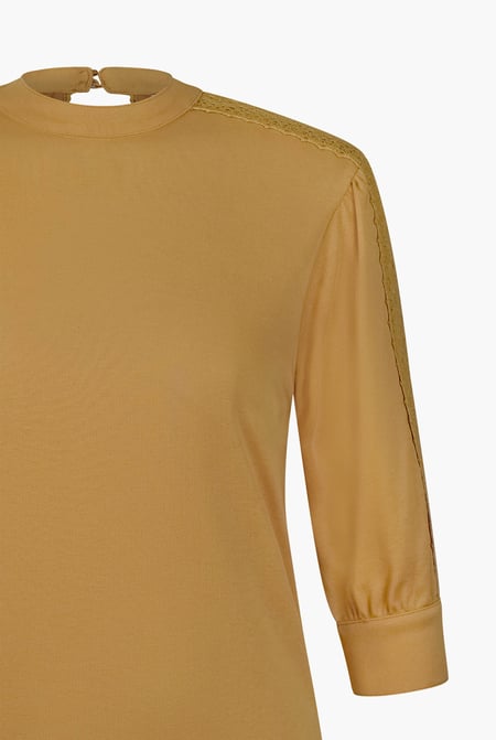 Women's Yellow Lace Detailed Three-Quarter Sleeve Tops