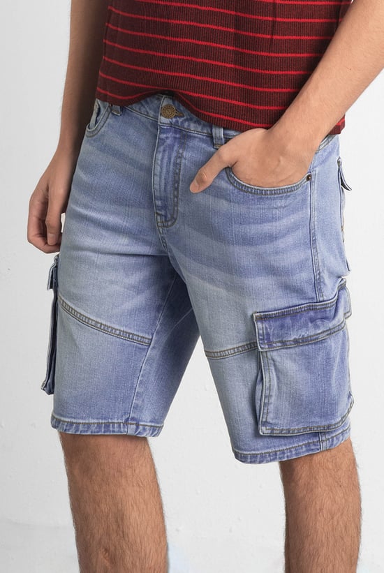 Mens Blue Denim Cargo Shorts