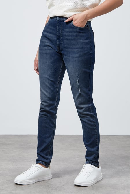 Mid Blue High Waist Regular Length Distressed Jeans