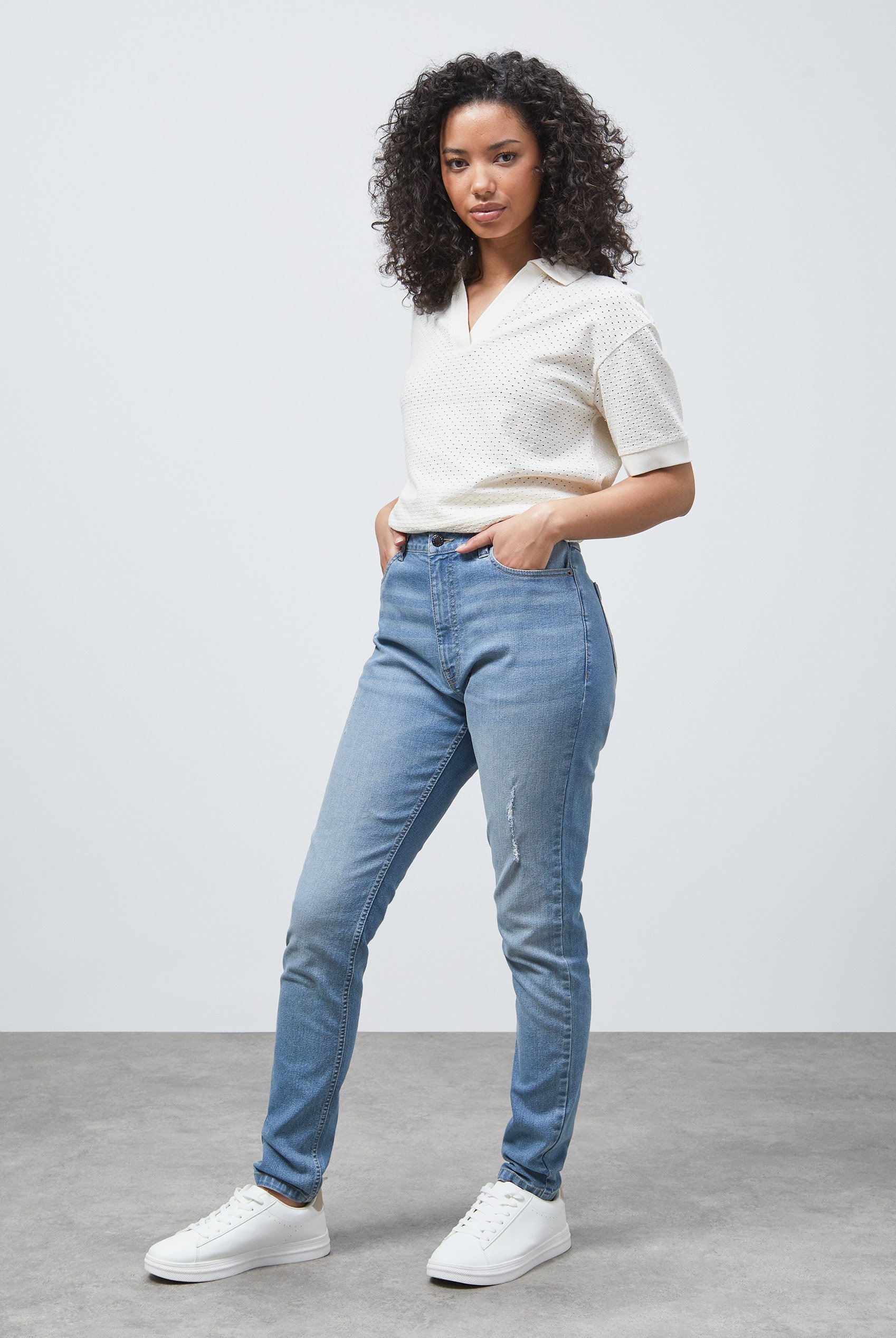 High Waist Regular Length Distressed Jeans