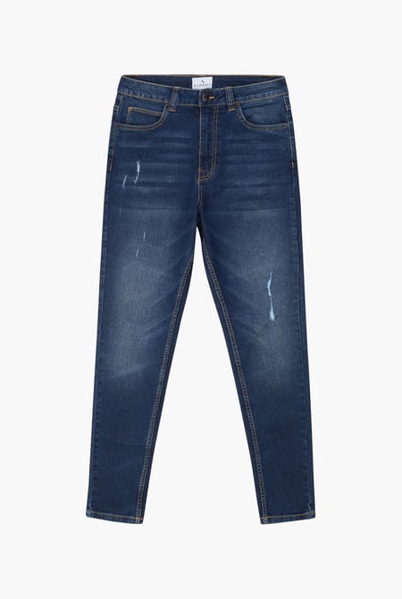 Mid Blue High Waist Regular Length Distressed Jeans