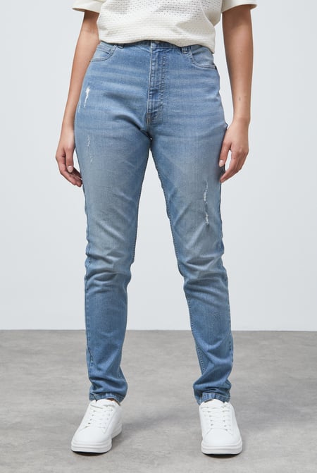 Mid Blue High Waist Regular Length Distressed Jeans