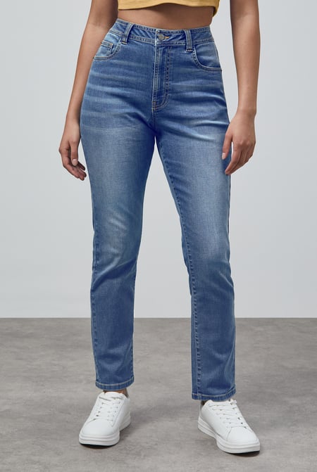 Deep Blue High Waist Girlfriend Fit Leg Jeans