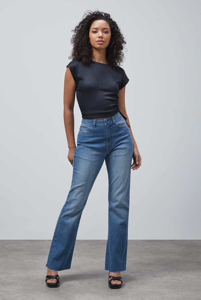 High Waist Raw Hem Flared Jeans