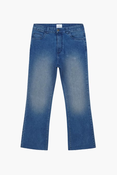 Deep Blue High Waist Raw Hem Flared Jeans