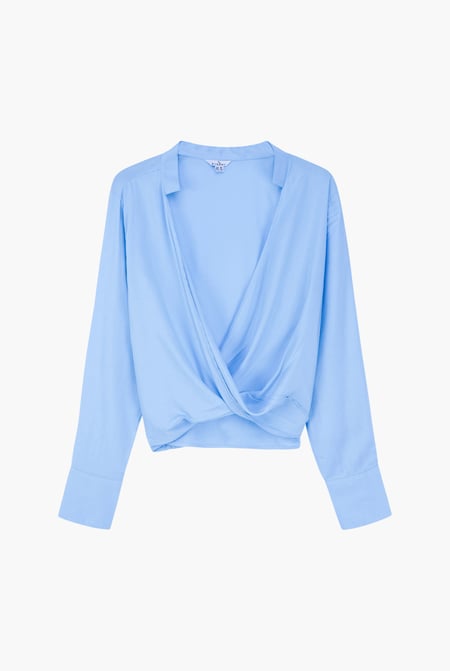 Blue Long Sleeves Wrap Blouse