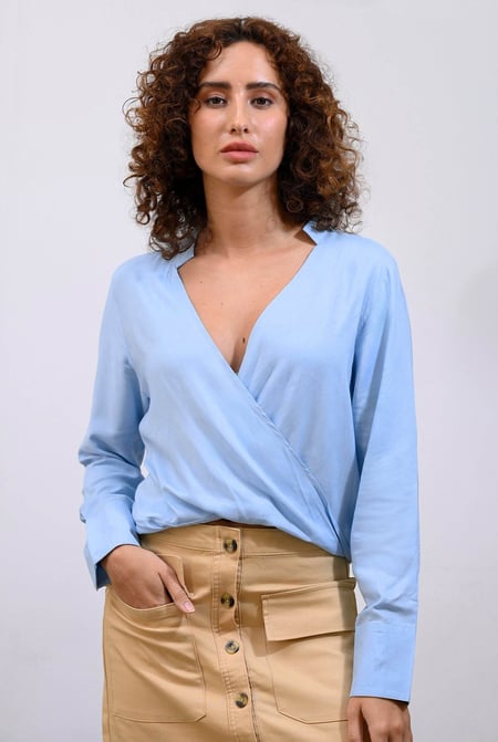 Blue Long Sleeves Wrap Blouse