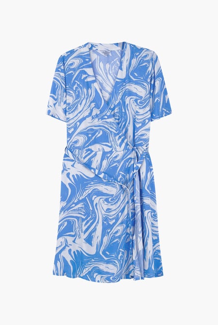 Blue Fluid Print Wrap Dress