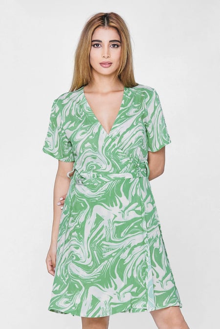 Blue Fluid Print Wrap Dress