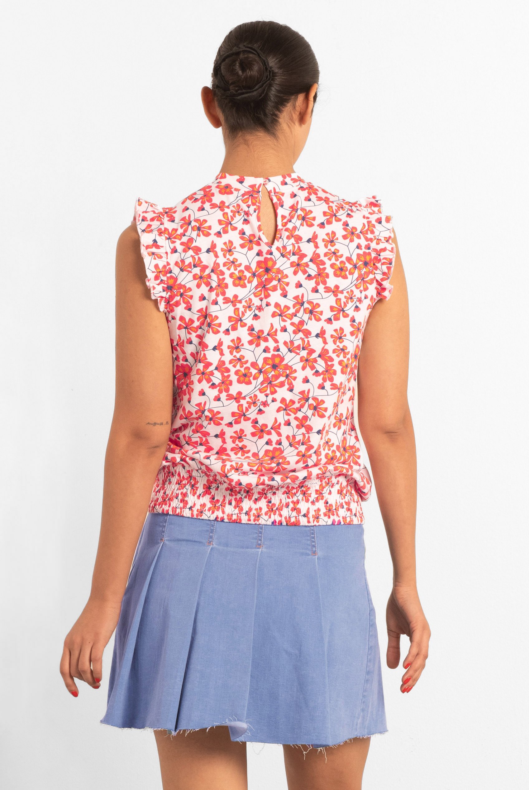 Floral Printed Smocked Hem Frill Top