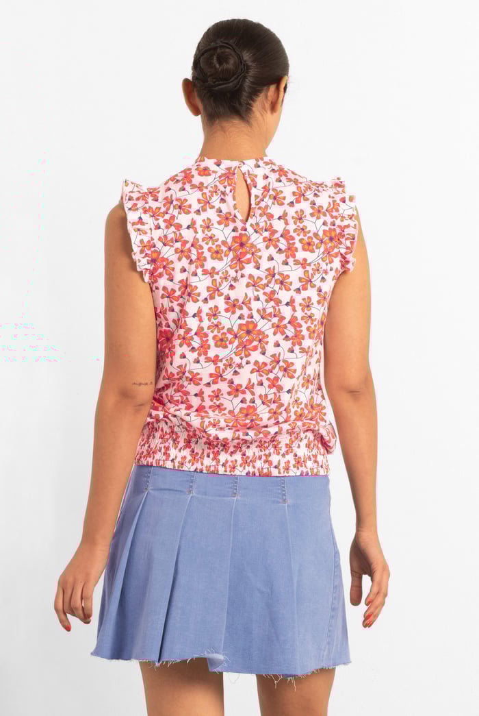 Floral Printed Smocked Hem Frill Top