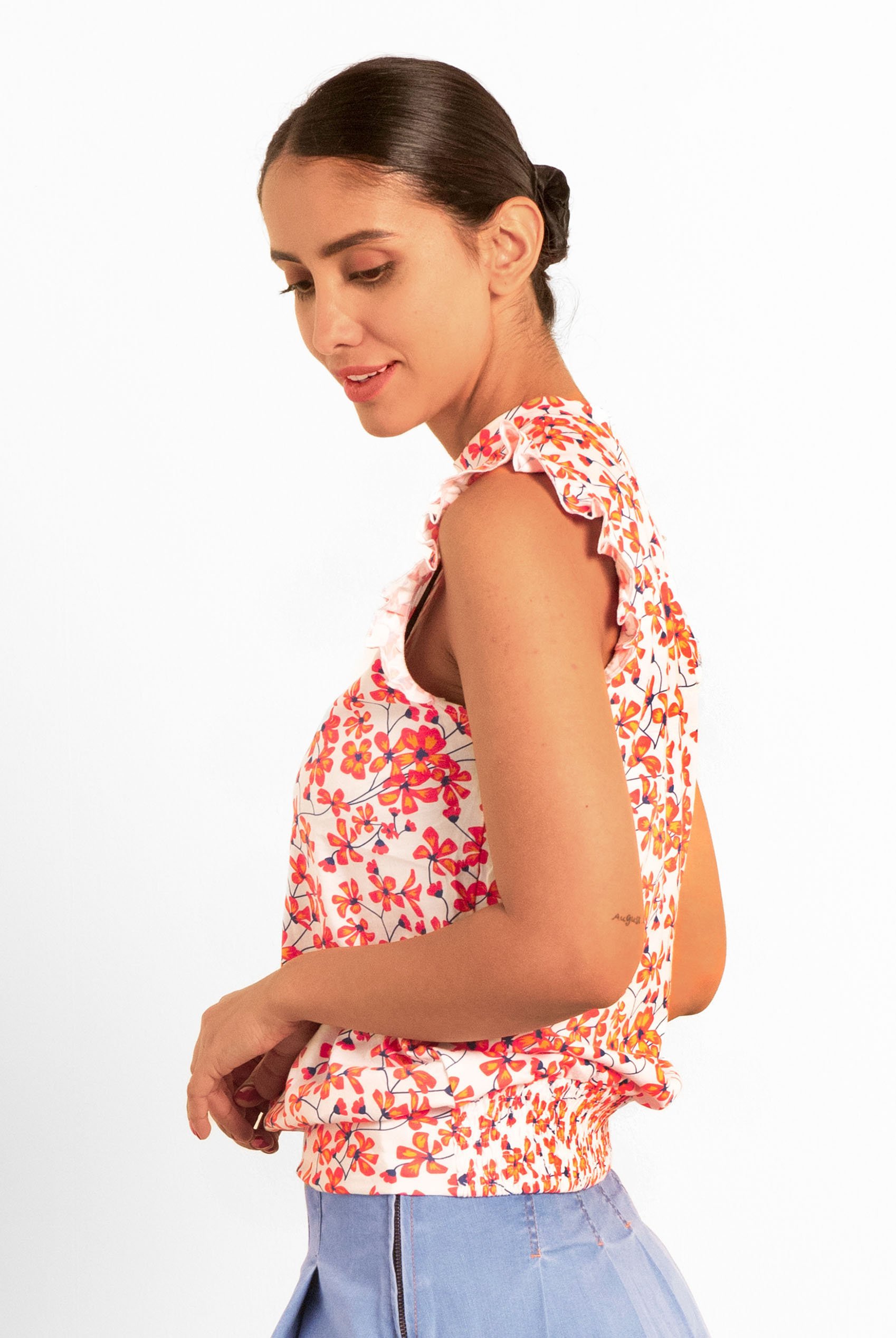 Floral Printed Smocked Hem Frill Top