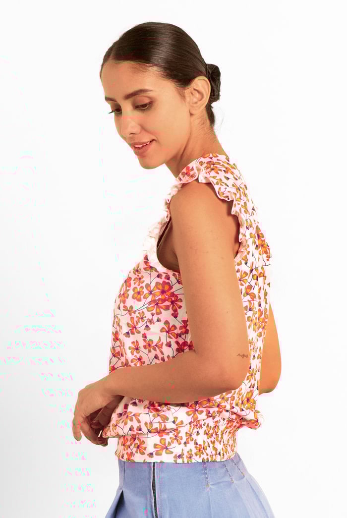 Floral Printed Smocked Hem Frill Top