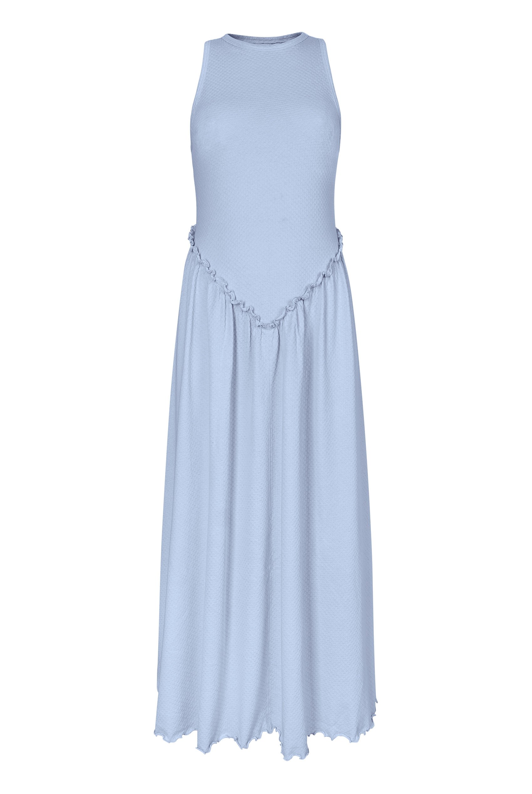 Frills Details-Rounded Neck Sleeveless Jersey Midi Dress