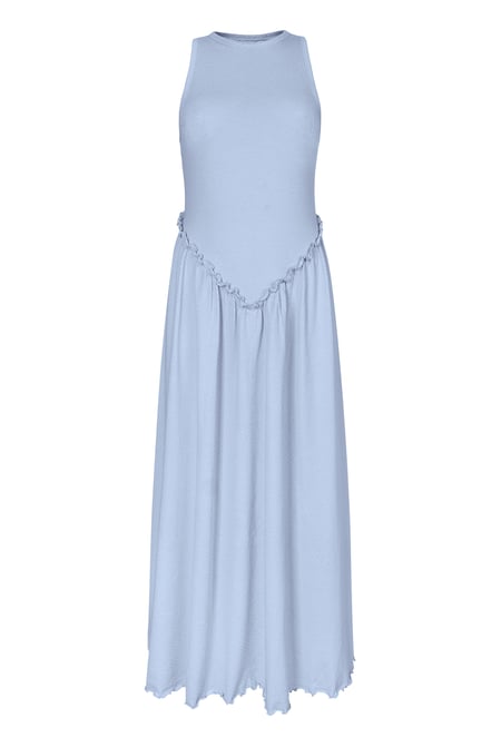 Blue Frills Details-Rounded Neck Sleeveless Jersey Midi Dress