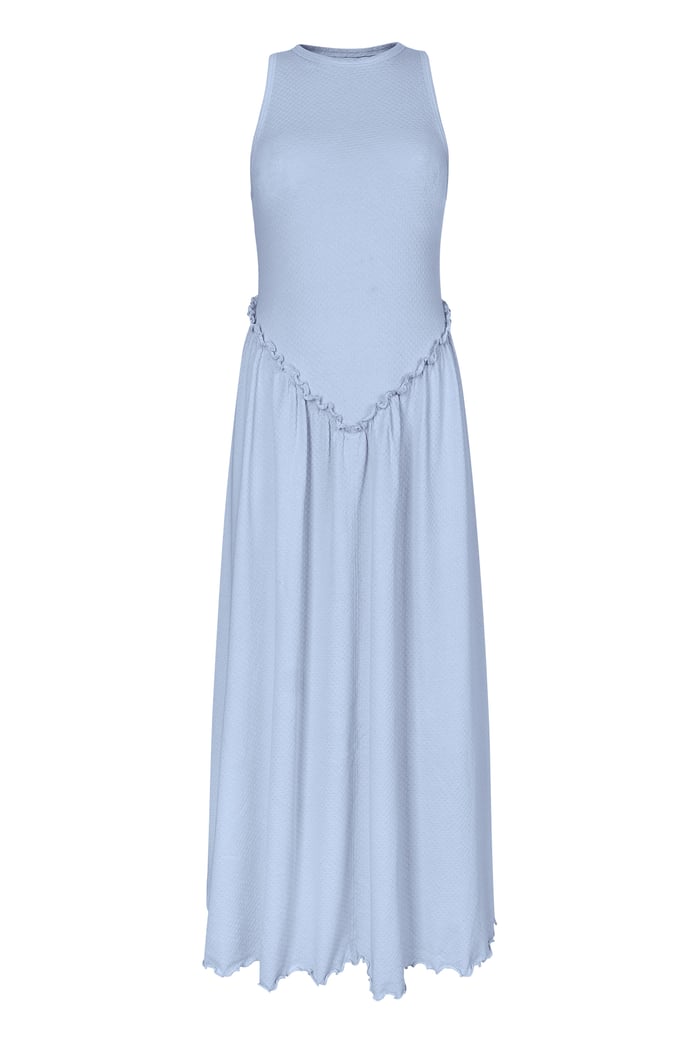 Frills Details-Rounded Neck Sleeveless Jersey Midi Dress