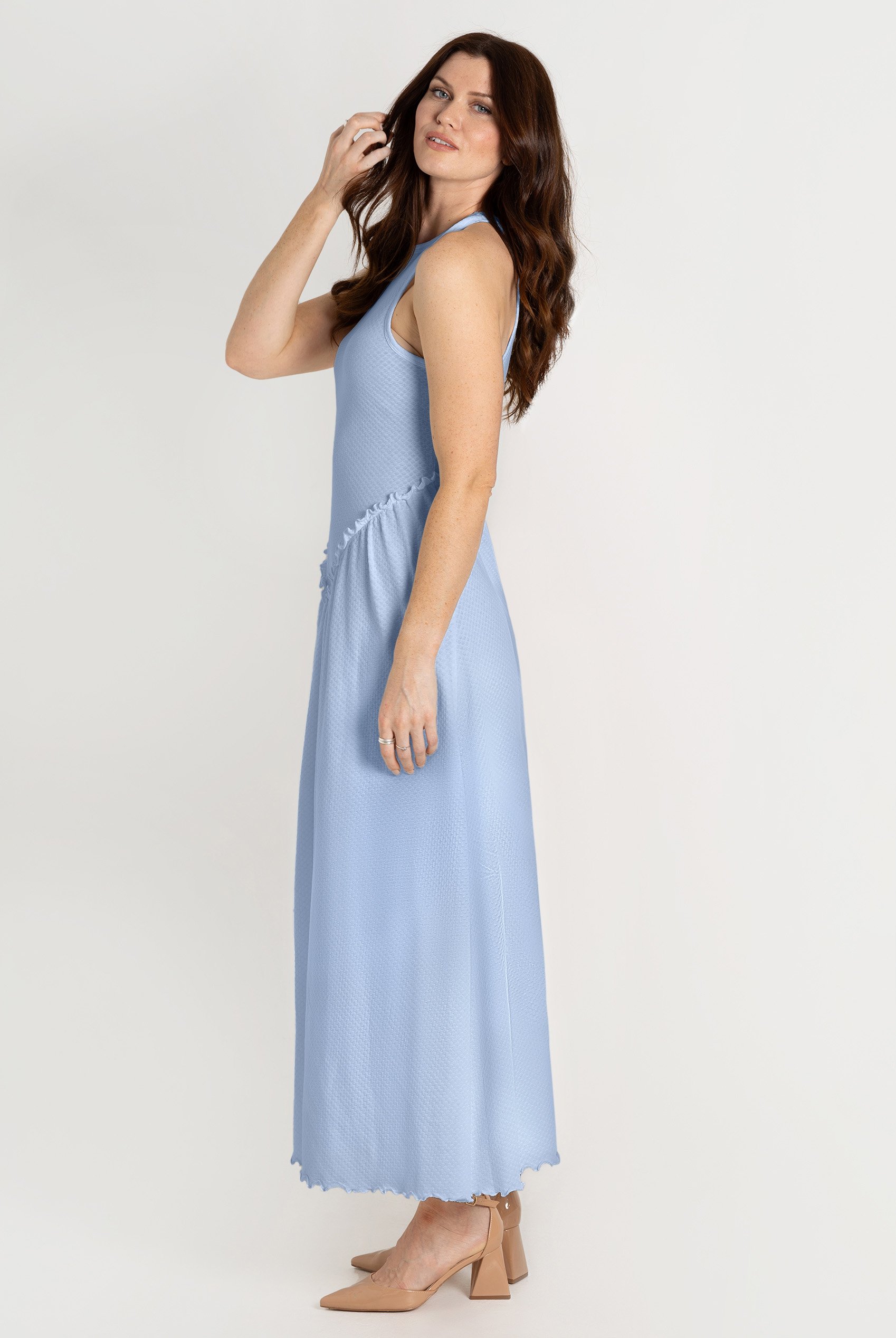 Frills Details-Rounded Neck Sleeveless Jersey Midi Dress