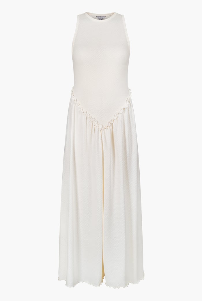 Frills Details-Rounded Neck Sleeveless Jersey Midi Dress