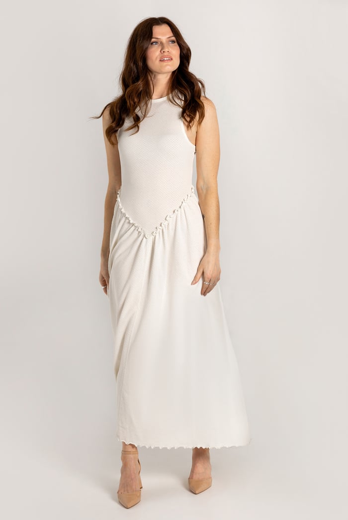 Frills Details-Rounded Neck Sleeveless Jersey Midi Dress