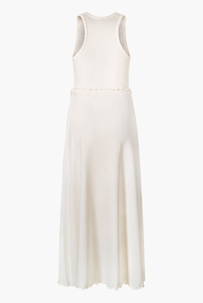 Frills Details-Rounded Neck Sleeveless Jersey Midi Dress