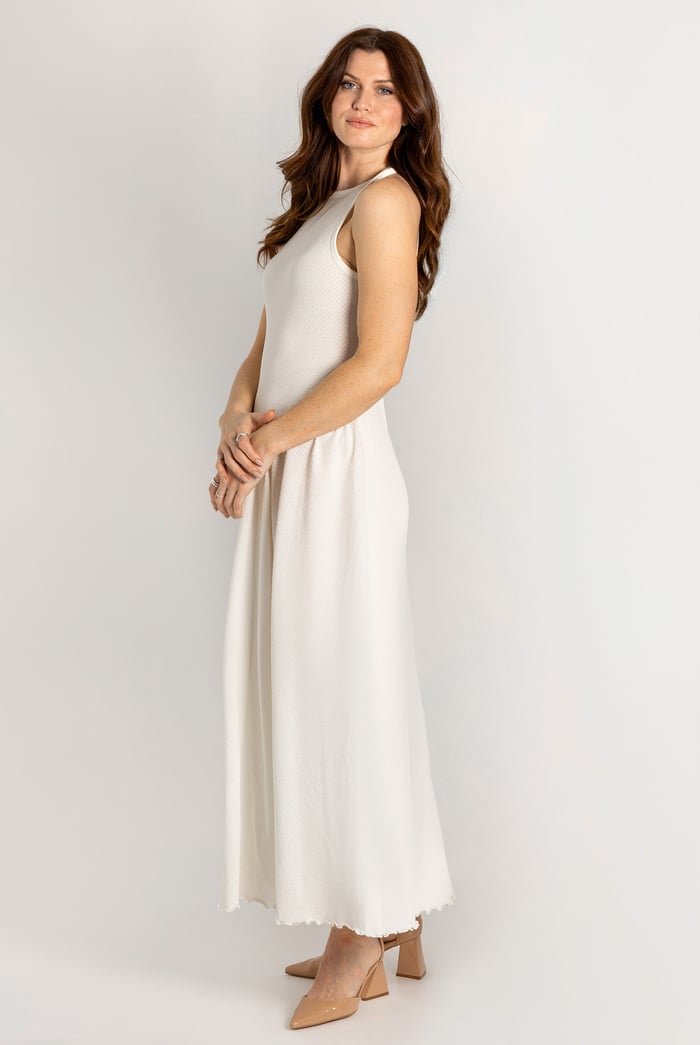 Frills Details-Rounded Neck Sleeveless Jersey Midi Dress