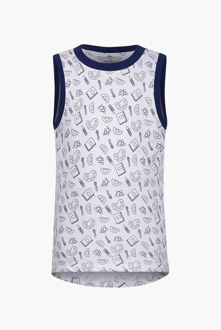 White Contrast Neck Pencil Printed Boys Vest (6yrs-11yrs)