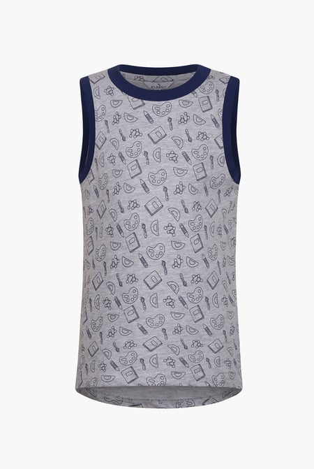 White Contrast Neck Pencil Printed Boys Vest (6yrs-11yrs)
