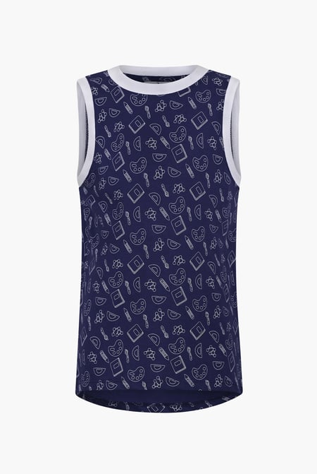White Contrast Neck Pencil Printed Boys Vest (6yrs-11yrs)