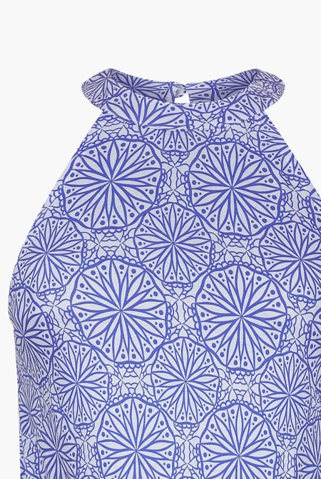 Blue Tiles Print Halter Neck Midi Jersey Dress