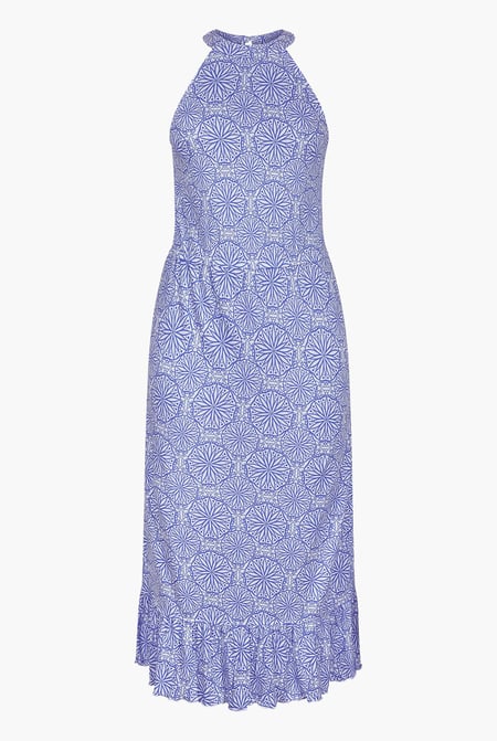 Black Tiles Print Halter Neck Midi Jersey Dress